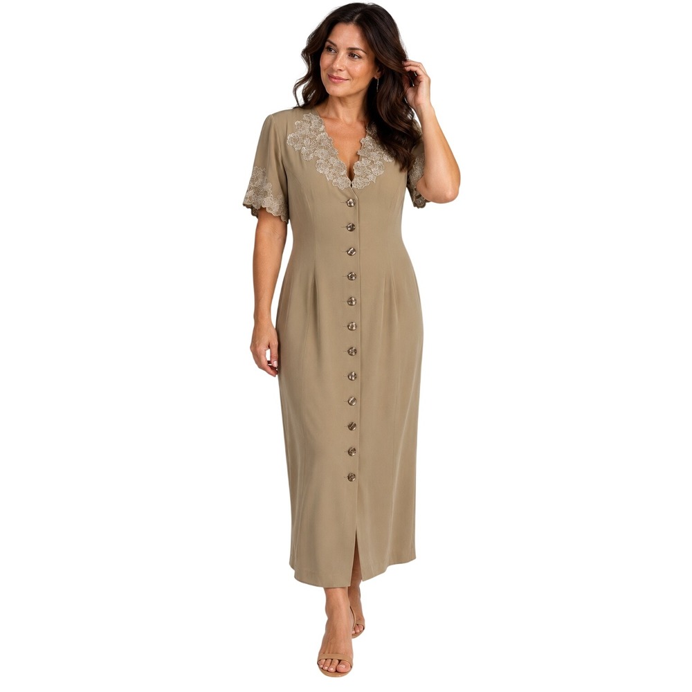 Apart 100% Silk Midi Dress Tan Beige Floral Lace Embroidered Button Front Sz 12